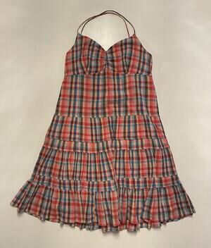 Women Y2K Gap Plaid Mini Dress Size Medium Ruffles Tiered Pink Orange Blue